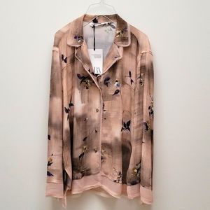 Zara Limited Edition Printed Shirt L Dust Pink Flowy Top Blouse